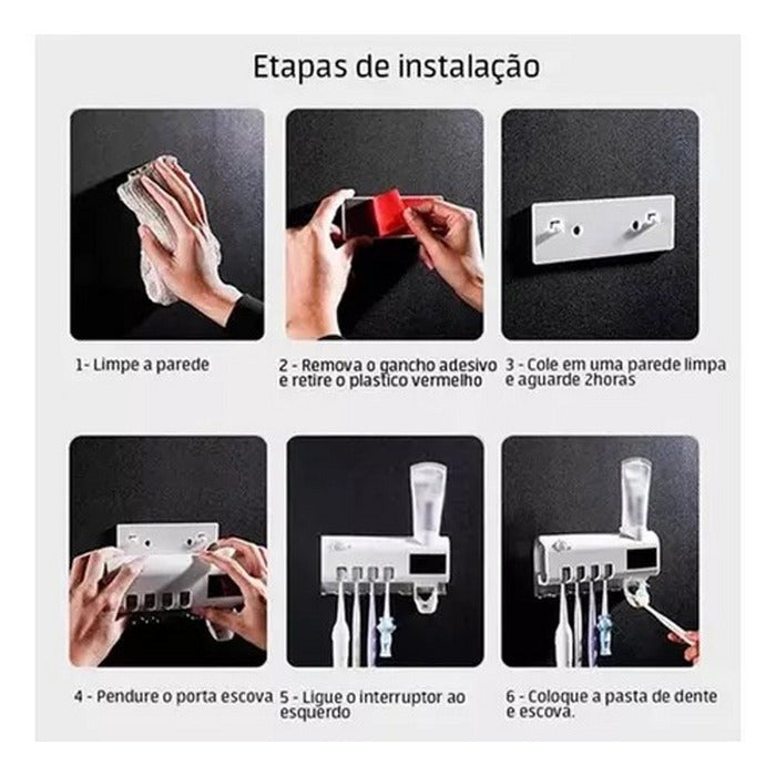 Suporte para Escova de Dentes com Esterilizador UV e Distribuidor Automático de Creme Dental